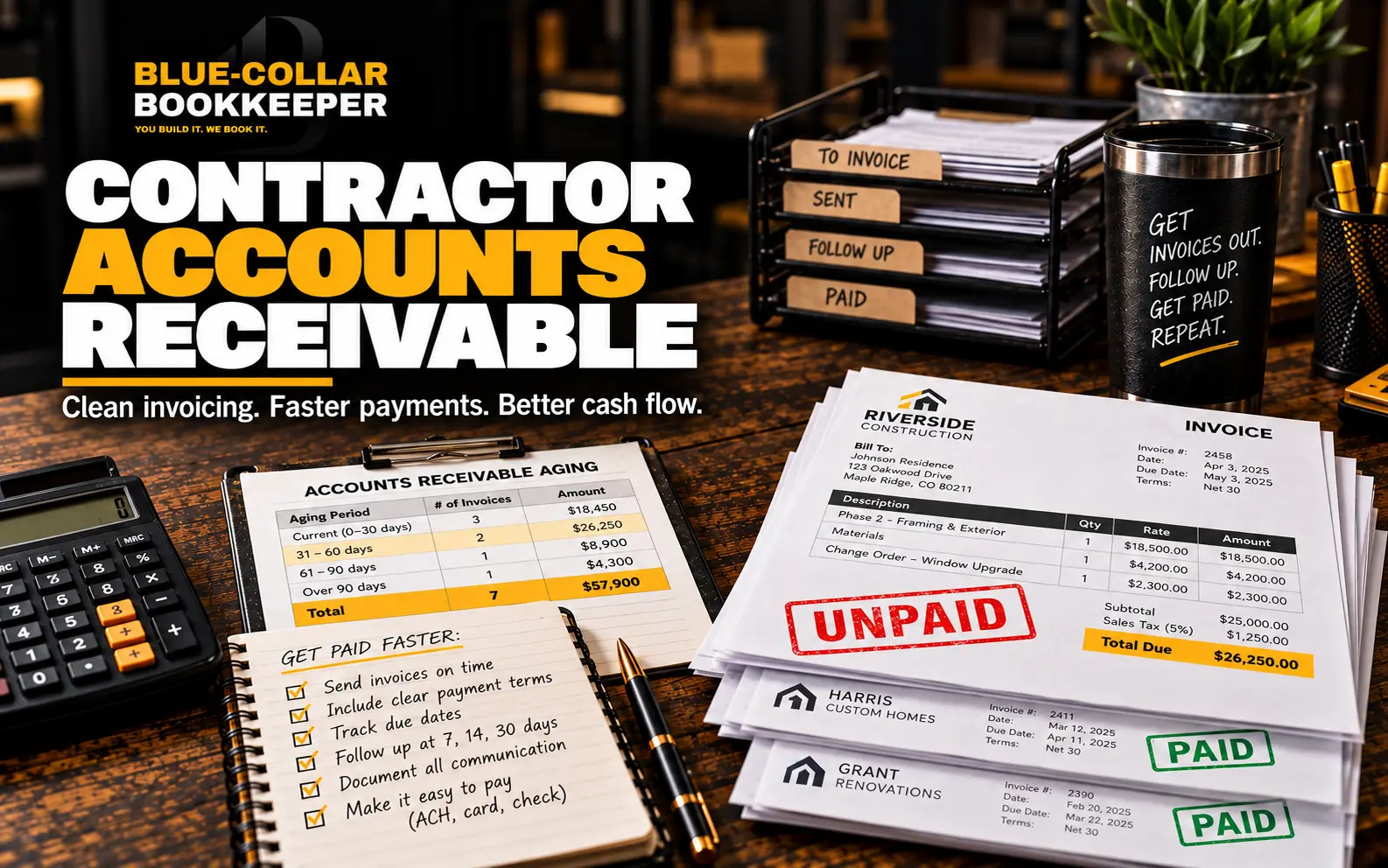 Construction accounts receivable workspace showing unpaid and paid contractor invoices, an accounts receivable aging report, and an invoicing follow-up checklist.