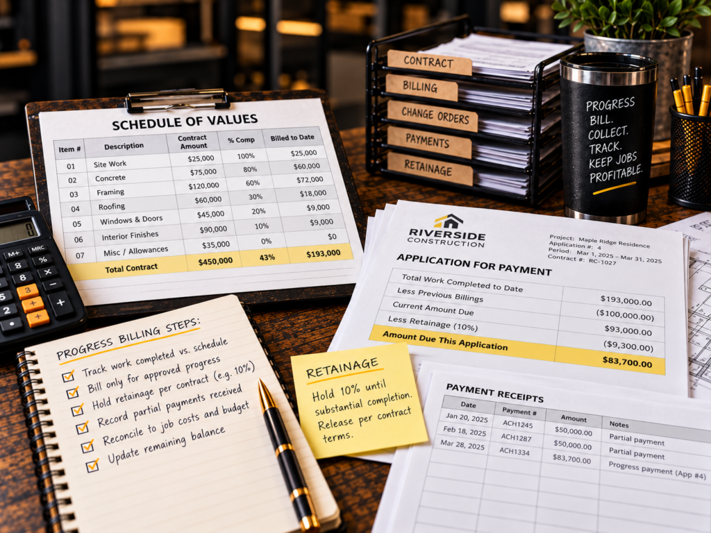 Contractor progress billing documents showing work completed, payment applications, partial payments, and retainage tracking.