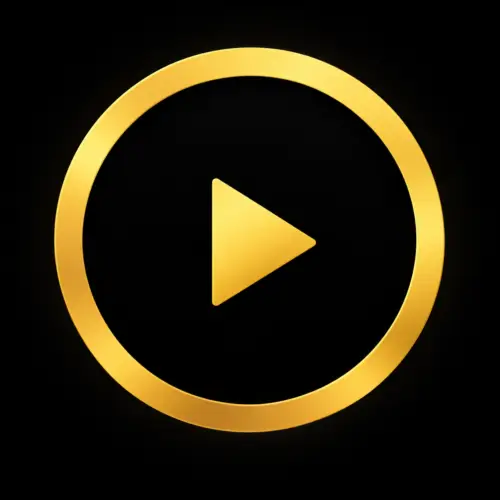 Gold play button icon on a black background.