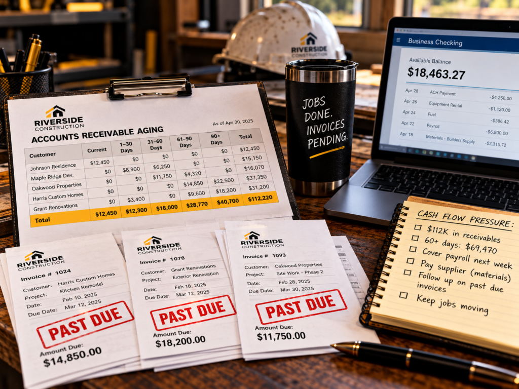 Past-due contractor invoices and accounts receivable aging shown beside upcoming business expenses and available cash.