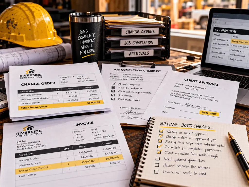 Contractor billing paperwork showing construction accounts receivable, including change orders, job completion documents, client approval, and other issues that can delay final invoicing.