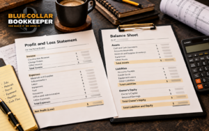 Profit and loss statement beside a contractor balance sheet on a Blue-Collar Bookkeeper workspace