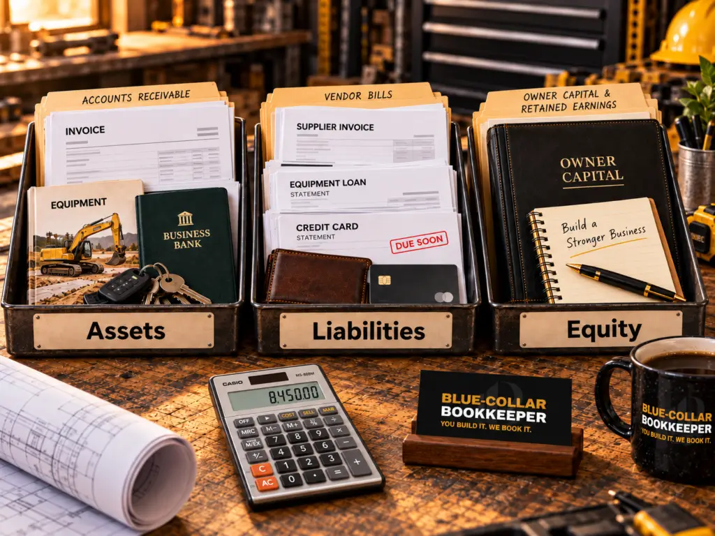 Three organized contractor bookkeeping bins representing assets, liabilities, and equity with receivables, loans, equipment, and owner capital