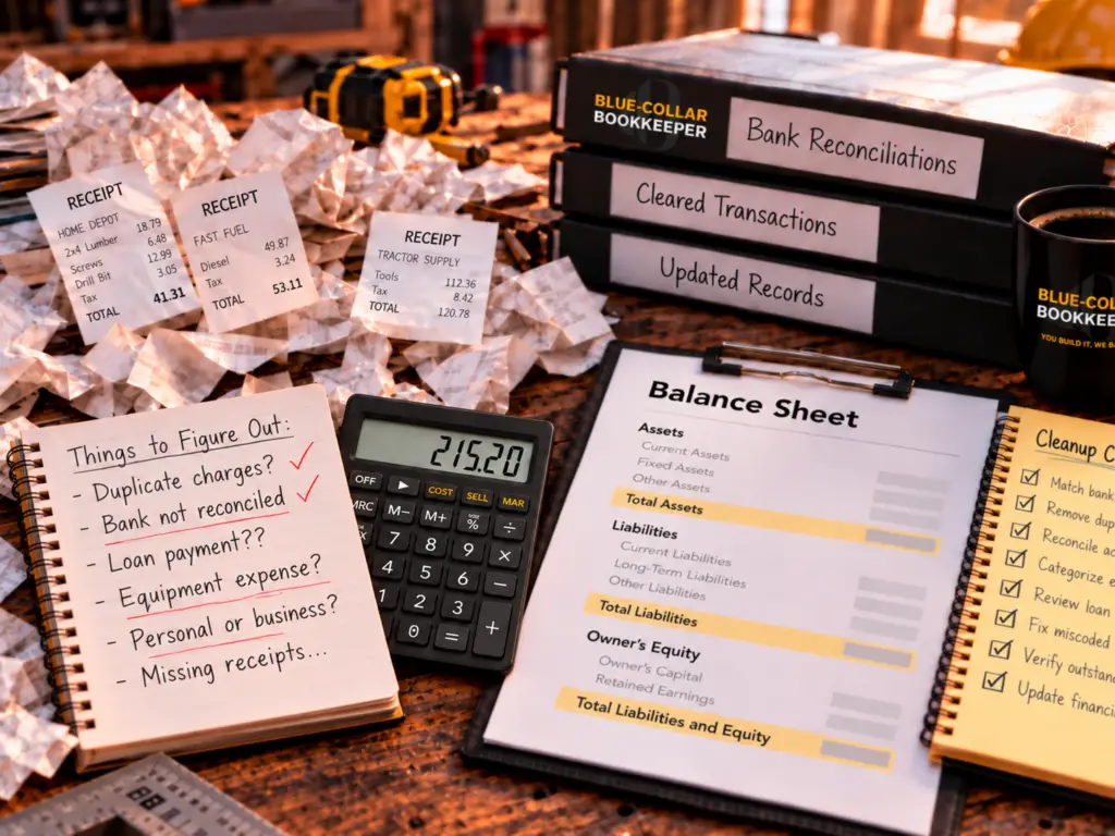 Messy receipts and unreconciled records beside a balance sheet, reconciliation files, and bookkeeping cleanup checklist