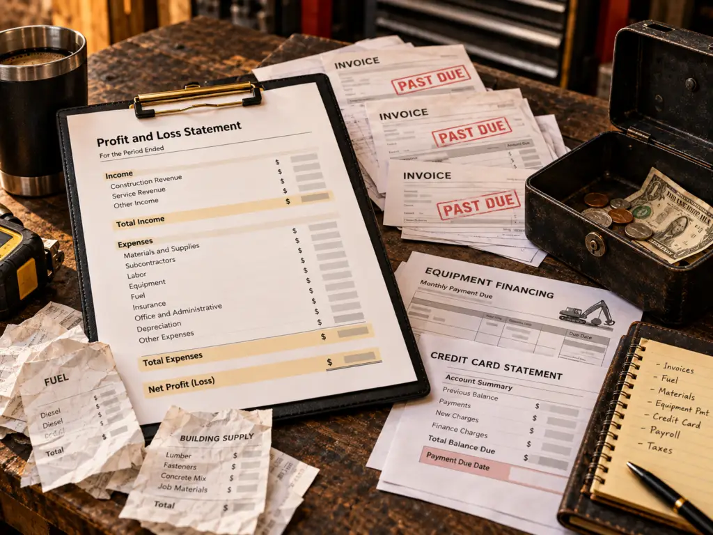 Contractor profit and loss statement surrounded by past-due invoices, equipment financing, credit card obligations, receipts, and limited cash