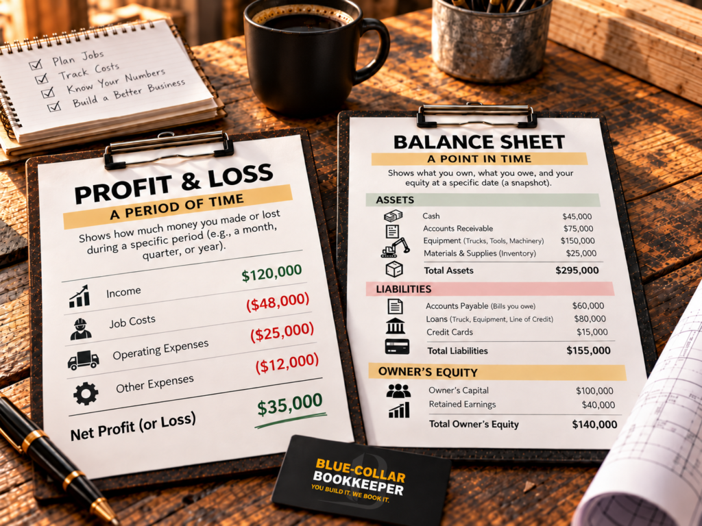 Profit and loss report shown as a period of time beside a balance sheet representing the business at one point in time, showcasing the difference between balance sheet vs profit and loss statements.